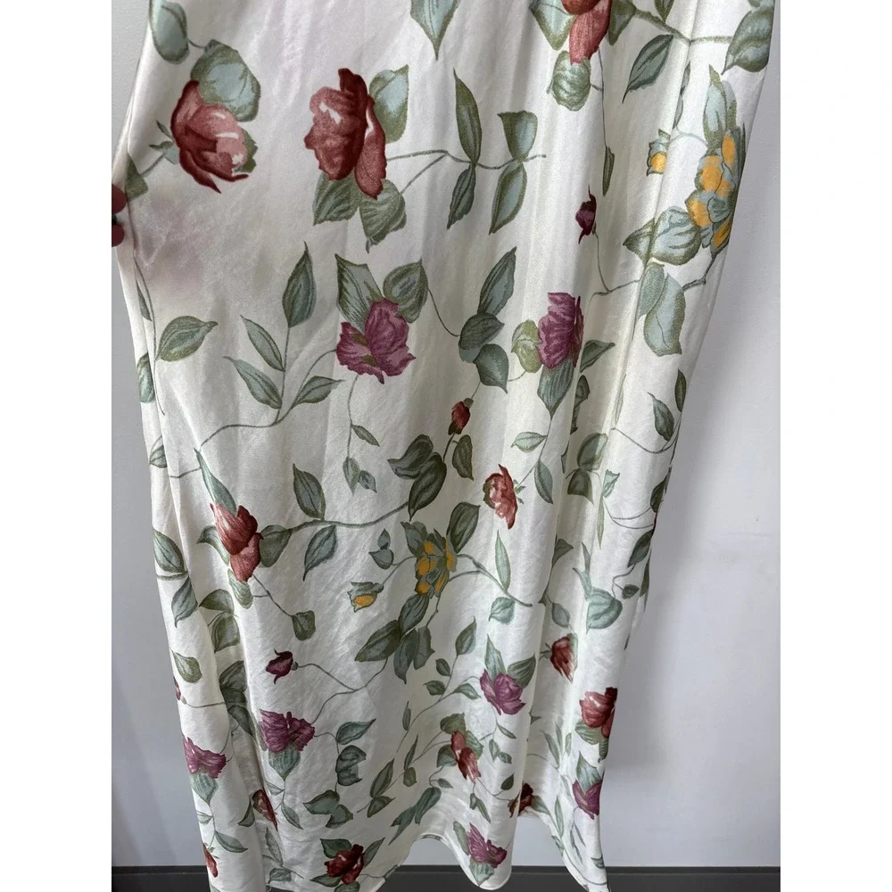 Vintage Floral Satin Slip Dress XL Cream Rose‎ Print Ruffle Back Midi Dress
